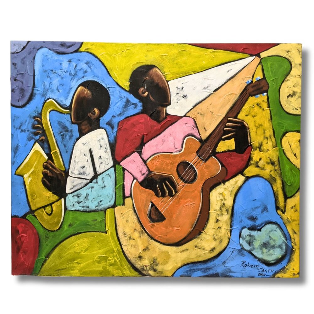 XXL vintage oil painting “Músicos” Black jazz musicians figurative expressionism